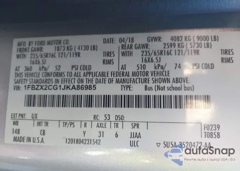 2018 Ford Transit-350 Xlt from USA, damaged, VIN 1FBZX2CG1JKA86985